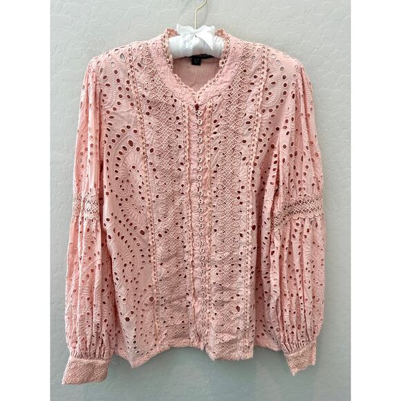 BOSTON PROPER | Blush Pink Embroidered Eyelet Button Front Blouse | Medium - Picture 1 of 6